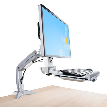 StarTech.com Sit-Stand Monitor Arm with Keyboard/Mouse Tray - Adjustable Desk Mount Sit-Stand Workstation Arm for Single 27" VESA Display - Ergonomic Articulating Standing Desk Converter