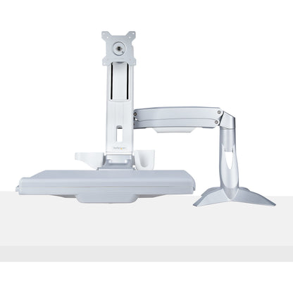 StarTech.com Sit-Stand Monitor Arm with Keyboard/Mouse Tray - Adjustable Desk Mount Sit-Stand Workstation Arm for Single 27" VESA Display - Ergonomic Articulating Standing Desk Converter