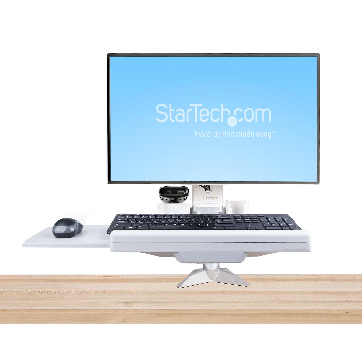 StarTech.com Sit-Stand Monitor Arm with Keyboard/Mouse Tray - Adjustable Desk Mount Sit-Stand Workstation Arm for Single 27" VESA Display - Ergonomic Articulating Standing Desk Converter