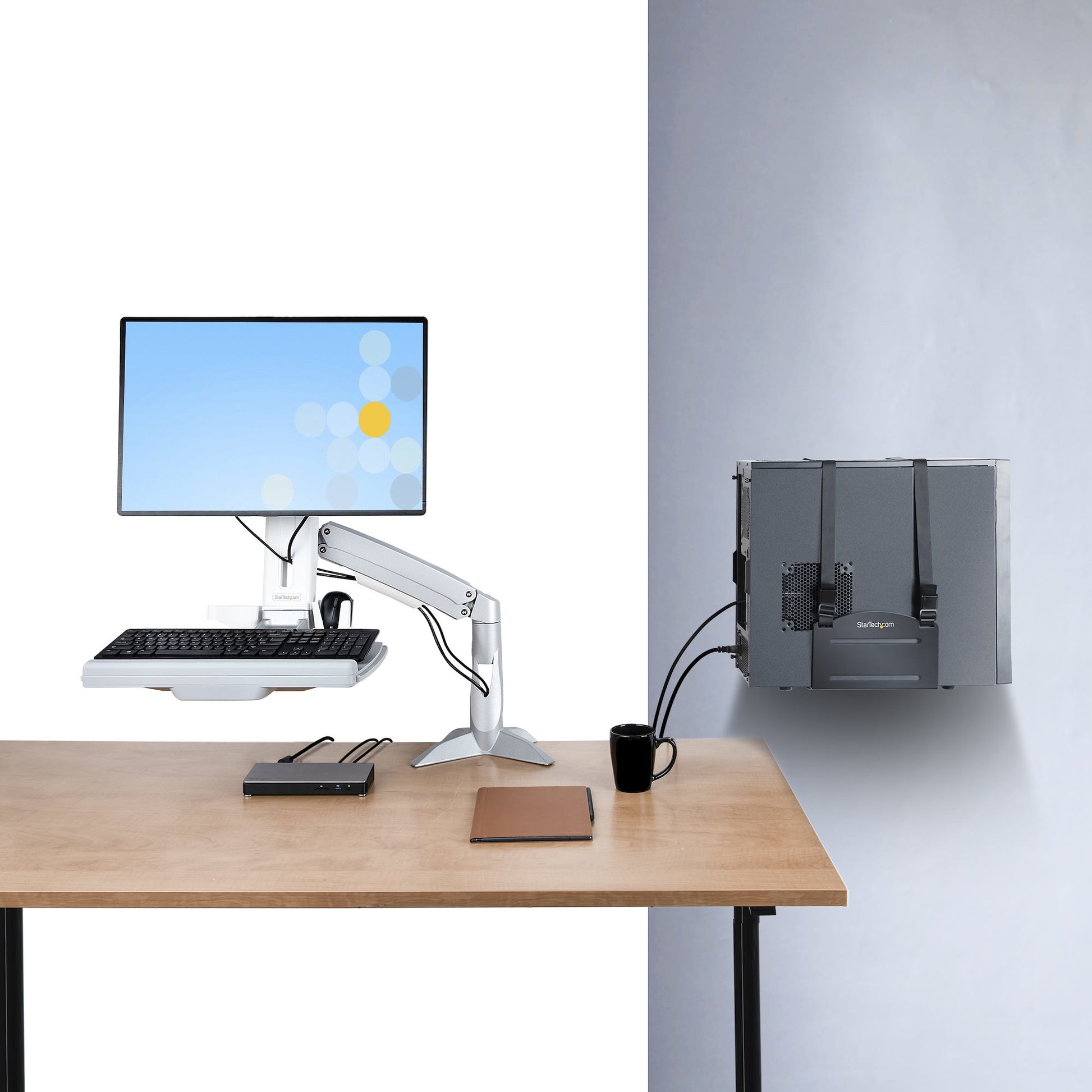 StarTech.com Sit-Stand Monitor Arm with Keyboard/Mouse Tray - Adjustable Desk Mount Sit-Stand Workstation Arm for Single 27" VESA Display - Ergonomic Articulating Standing Desk Converter