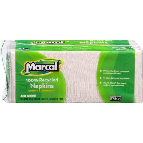 Marcal Paper Mills, Inc  Luncheon Napkin, Single-Ply, 12-1/2"x11-1/4", 400/PK, White