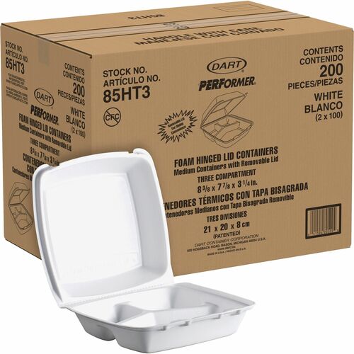 Dart Container Corp  3-Comp Foam Container, 8-3/8"x7-7/8"x3-1/4", 200/CT, WE