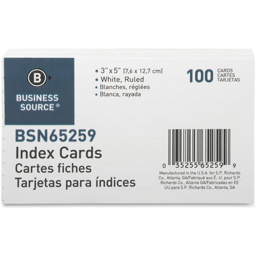 Business Source  Index Cards, Ruled, 72 lb., 3"x5", 100/PK, White