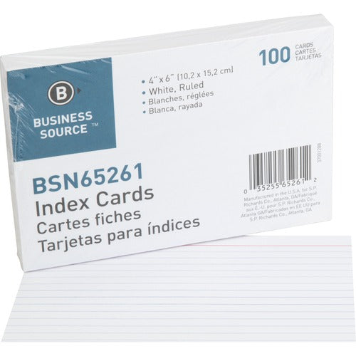 Business Source  Index Cards, Ruled, 72 lb., 4"x6", 100/PK, White