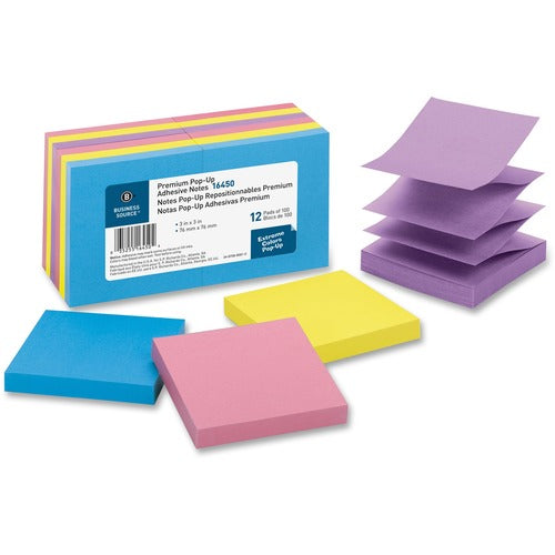 Business Source  Pop-up Adhesive Note Pads,3"x3",100 Sh,12/PK, AST Extreme