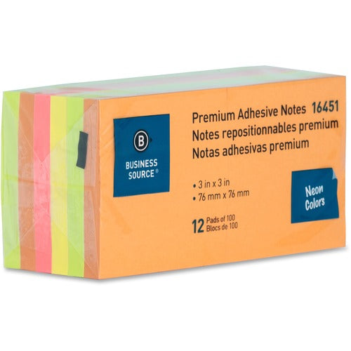 Business Source  Adhesive Note Pads, 3"x3", 100 Sheets, 12/PK, Neon