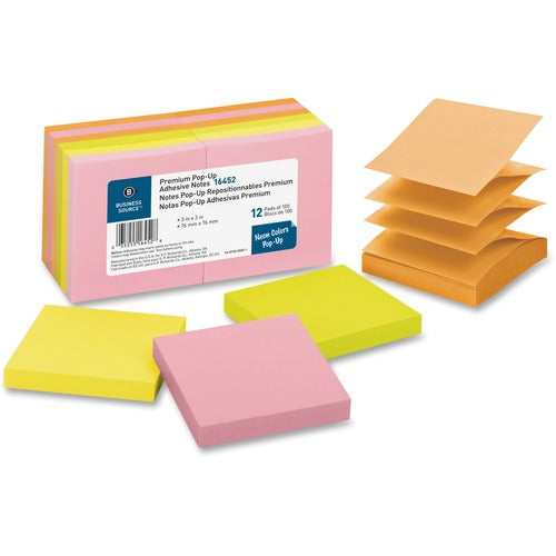 Business Source  Pop-up Adhesive Note Pads,3"x3",100 Sh,12/PK, AST Neon