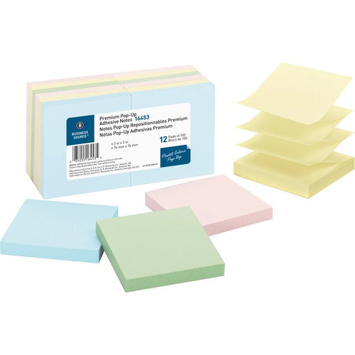 Business Source  Pop-up Adhesive Note Pads,3"x3",100 Sh,12/PK, AST Pastel