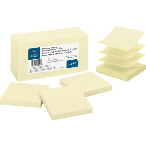 Business Source  Pop-up Adhesive Note Pads,3"x3",100 Sh,12/PK, Yellow
