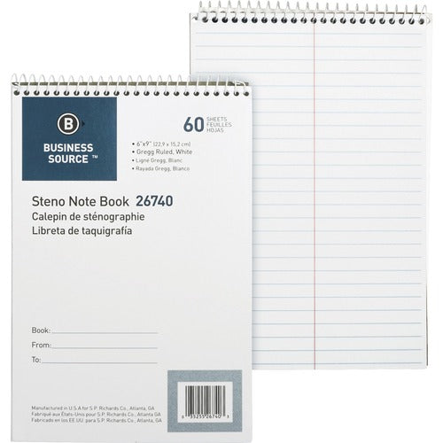 Business Source  Steno Notebook,Gregg Ruled,6"x9",60 Sheets,White Paper