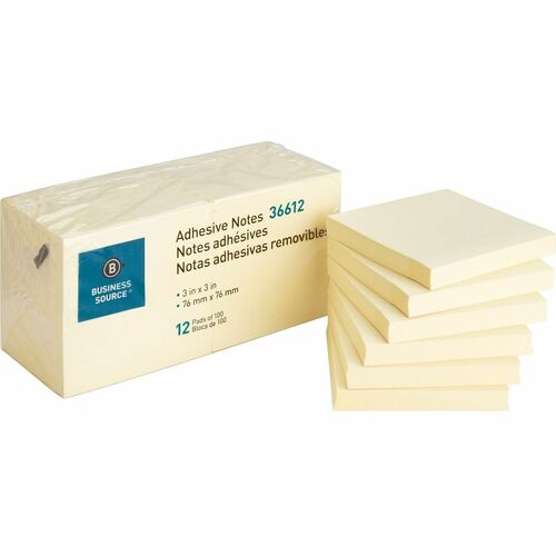 Business Source  Adhesive Notes, 100 Sheets, 3"x3", 12/PK, Yellow