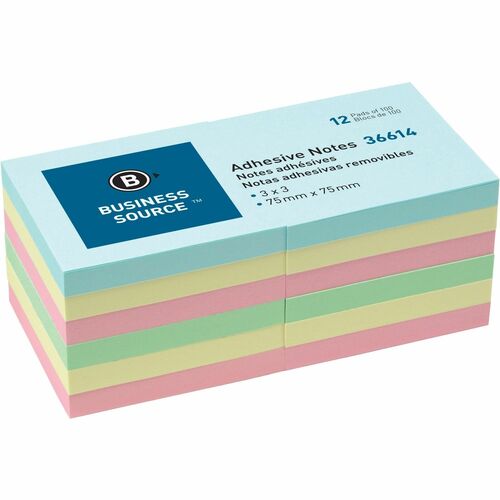 Business Source  Adhesives Notes,Plain,3"x3",100 Sheets/PD,12/PK, AST Pastel