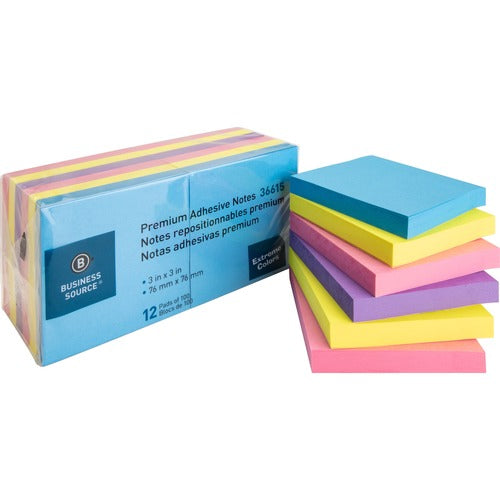Business Source  Adhesive Notes, 100 Sht/PD, 3"x3", 12/PK, Assorted Extreme