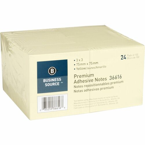 Business Source  Adhesive Notes, 100 Sheets, 3"x3", 24/PK, Yellow