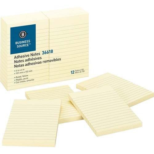 Business Source  Adhesive Notes, Ruled, 4"x6", 100 Sh/PD, 12/PK, Yellow