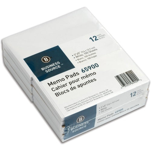 Business Source  Memo Pads, Unruled, 15lb., 3"x5", 100 Sheets, 1 DZ, WE