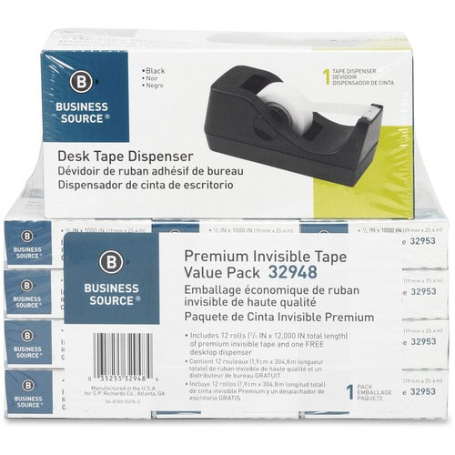 Business Source  Tape Dispenser Value Pack,1"Core, 3/4"x1000", 12/PK, BLK