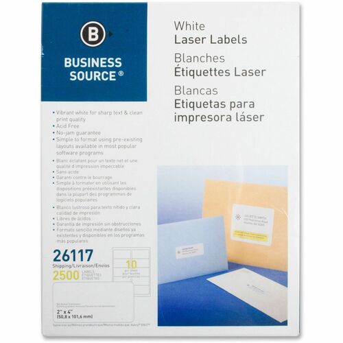 Business Source  Mailing Labels,Shipping,Laser/Inkjet,2"x4",2500/PK,White