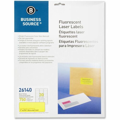 Business Source  Laser Labels, Fluorescent, 1"x2-5/8", 750/PK, Neon Yellow