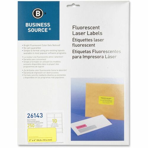 Business Source  Laser Labels, Fluorescent, 2"x4", 250/PK, Neon Yellow