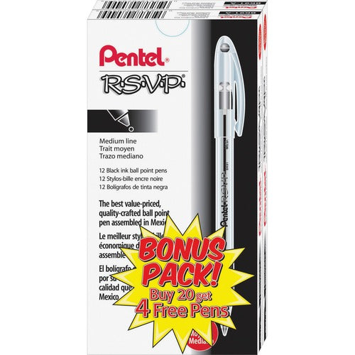 Pentel  Ballpoint Pen, Medium Point, 24/PK, Black Ink/Clear Barrel