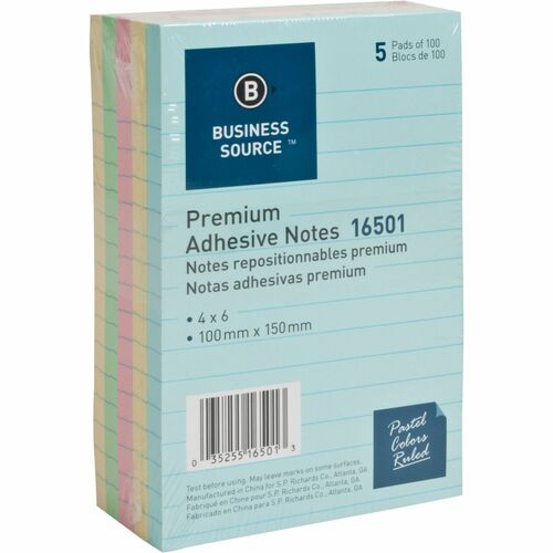 Business Source  Adhesive Notes, Ruled, 4"x6", 100 Sh/PD, 5/PK, Pastel AST