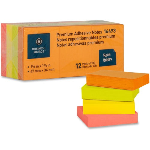 Business Source  Adhesive Notes,Plain,1-1/2"x2",100 Sh/PD,12PD/PK,Neon