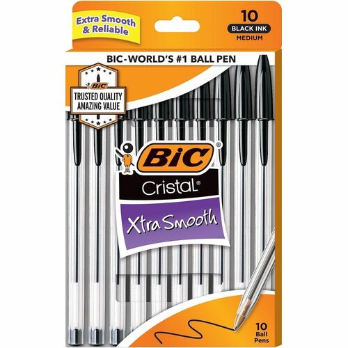 Bic  Stic Ballpoint Pen,Medium Point,10/PK,Black Ink/Clear Barrel