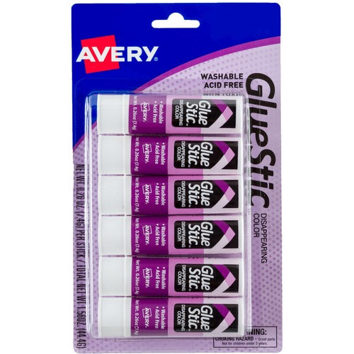 Avery  Glue Sticks, 0.26 oz, 6/PK, Purple Dries Clear