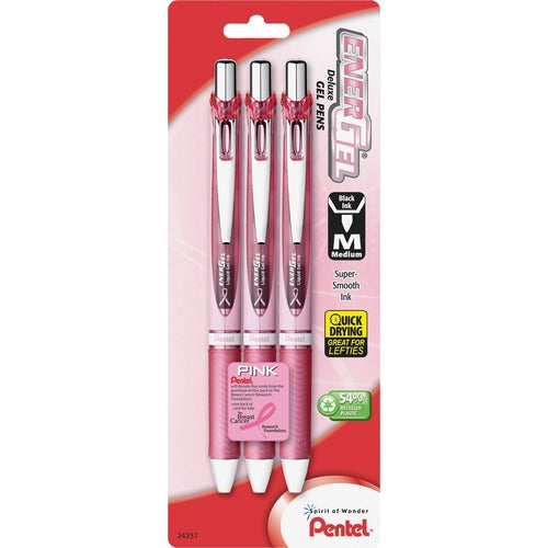 Pentel  Gel Pen, Retractable, Metal Tip,.7mm, 3/PK, PK Barrel/BK Ink