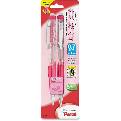 Pentel  Mechanical Pencil, BCA Twist-Eraser, 0.7mm, 2/PK, Pink