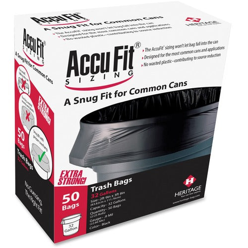 Heritage Bag Company  Can Liners, Accufit, 32 Gal, 0.9mil, 33"x44", 50/BX, Black-HERH6644TKRC1