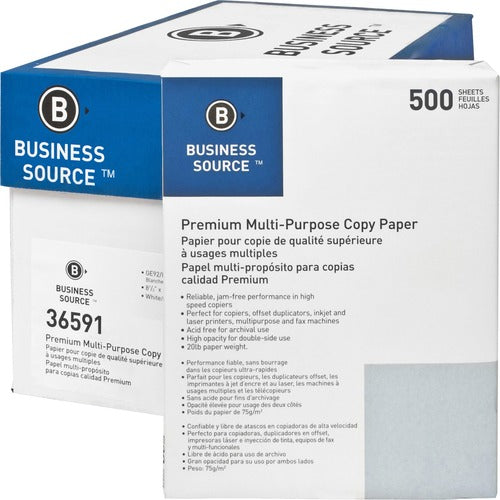 Business Source  Multipurpose Paper,92 Bright,20lb,8-1/2"x11",500/RM,10/CT,WE