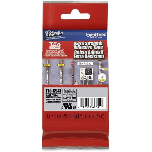 Brother  Label Tape,Xtra-Strgth,f/P-touch,0.7"x26.2',BKonMatte Silver