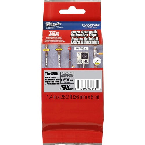 Brother  Label Tape,Xtra-Strgth,f/P-touch,1.4"x26.2',BKonMatte Silver
