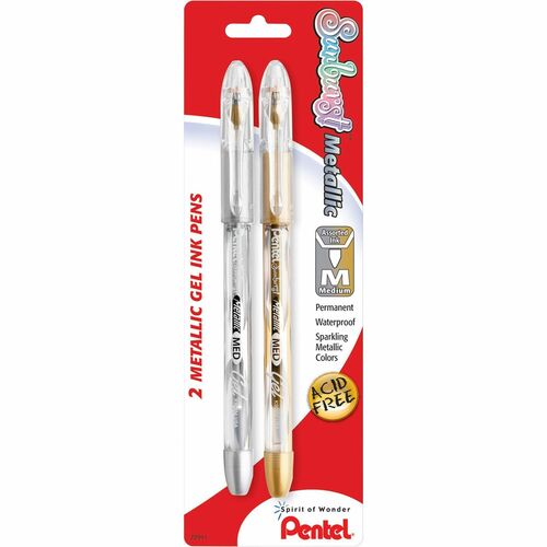 Pentel  Gel Ink Pen, Roller Ball, Med Point, 2/PK, Gold/Silver