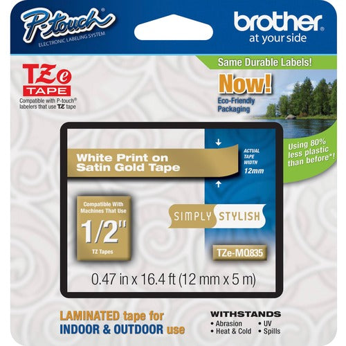 Brother  Label Tape,Laminated,f/P-touch,0.47"x26.2',WhiteonSatinGold