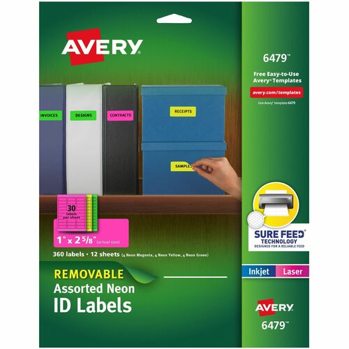 Avery  Laser/Inkjet Labels, Remvbl, 30UP, 1"x2-5/8", 360/PK, NE/AST