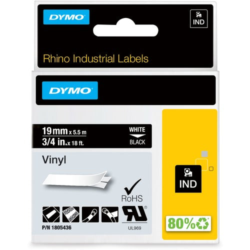 Dymo  Vinyl Labels, 3/4"x18', White/Black-DYM1805436