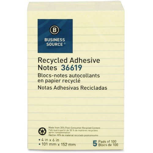 Business Source  Adhesive Note Pads, Recycled, Lined, 4"x6", 5/PK, Yellow