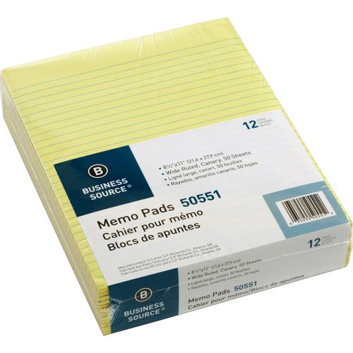 Business Source  Memorandum Pads,8-1/2"x11",Wide Ruled, 50Shts/PD, Canary