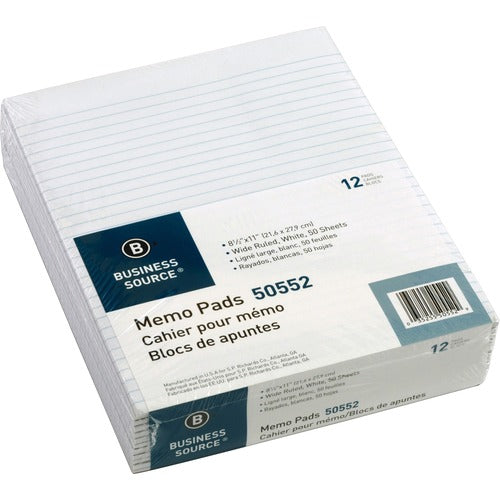Business Source  Memorandum Pads, 8-1/2"x11",Wide Ruled, 50Shts/PD, White