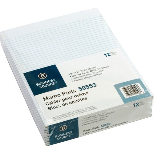 Business Source  Memorandum pads, 8-1/2"x11",Narrow Ruled, 50 Shts/PD, White