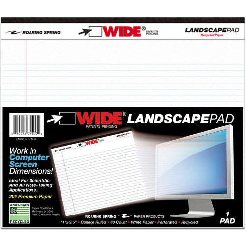 Roaring Spring Paper Products  Wide Landscape Pads, 40 Shts, 11"x9-1/2", White