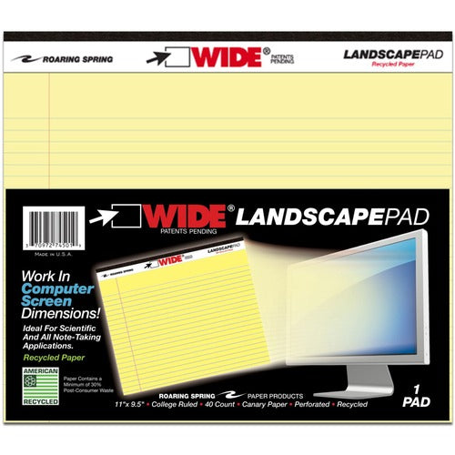 Roaring Spring Paper Products  Wide Landscape Pads, 40 Shts, 11"x9-1/2", Canary