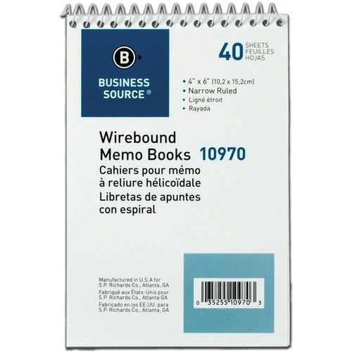 Business Source  Wirebound Memo Book,End Opening,Wire,4"x6",40Shts,White
