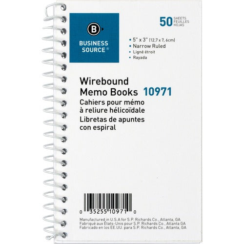 Business Source  Wirebound Memo Books, Narrow Ruled, 50 Shts, 5"x3", White