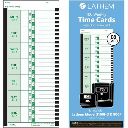 Lathem  Wkly Attendance Cards,f/Thermal Clock,100/PK, 8-1/2"x3-3/4"