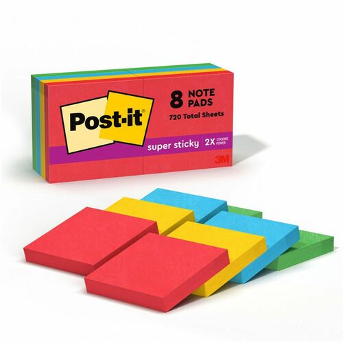 3M  Super Sticky Notes,90 Shts/Pad,1.875"x1.875", 8/PK,AST