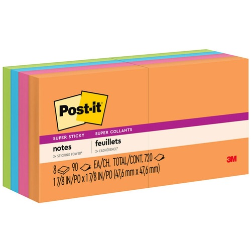 3M  Super Sticky Notes, Rio, 2"x2", 8/PK, Assorted
